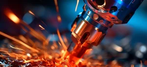 Close-up of CNC machine cutting metal with sparks flying during high-precision machining process.