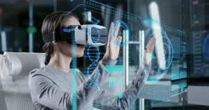 Engineer using VR headset and augmented reality interface for CNC programming simulation