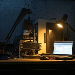 CNC machine setup with a laptop and controller board under a focused desk lamp in a workshop environment.