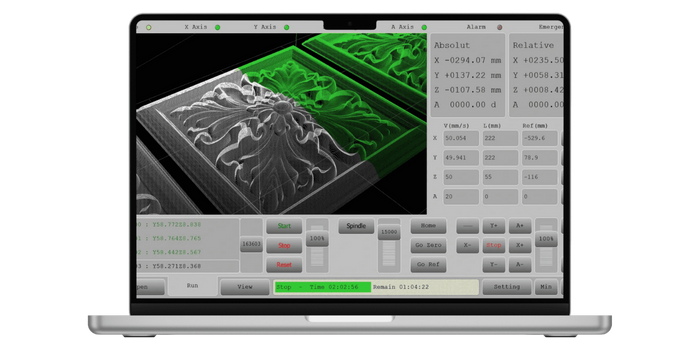 RADONIX CNC software interface displaying detailed 3D engraving control and real-time spindle operation on a laptop screen.