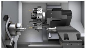 CNC lathe performing high-precision multi-axis machining for complex part production with tight tolerances.