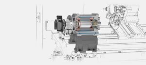 View of CNC lathe spindle assembly highlighting internal components for high-precision part rotation and stability.