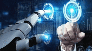 Human and robotic hands interacting with digital touch interfaces in a smart manufacturing environment.