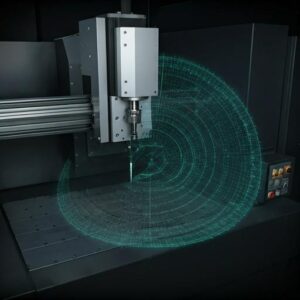 CNC machine simulating toolpath visualization with holographic interface for advanced digital manufacturing.