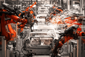 Robotic arms welding car frames on an automated CNC-powered manufacturing line.