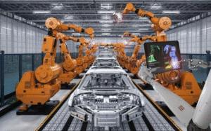 Industrial robots welding automotive parts with CNC integration on a smart manufacturing production line