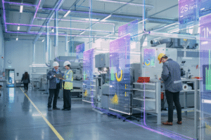 Engineers monitoring AI-powered CNC machines with real-time data overlays in a smart manufacturing environment.