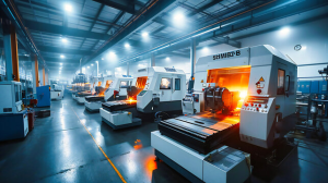 Automated CNC machines operating in a high-tech SME factory illuminated by smart industrial lighting