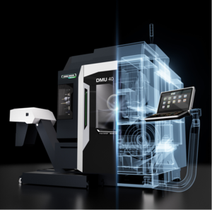 Digital twin overlay of a DMU 40 CNC machine with integrated laptop interface.