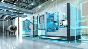 Digital twin visualization of CNC machines in a high-tech aerospace manufacturing facility.