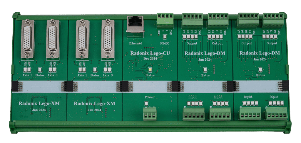 Front view of Radonix Lego modular CNC control system showing control unit, axis modules, and I/O modules